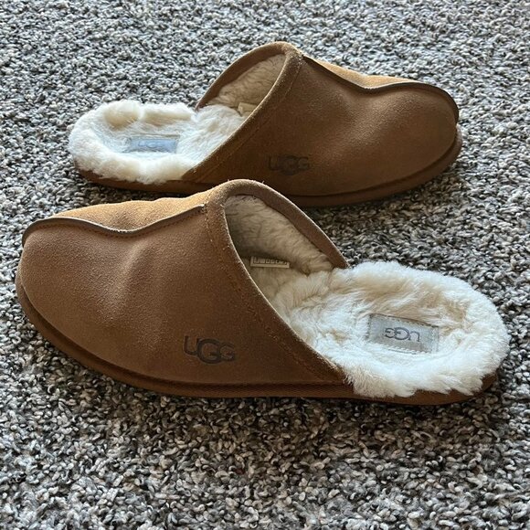 UGG Scuff Men 12 Suede Chestnut Slippers Sheepskin Slip-ons Normcore Preppy - Picture 3 of 7